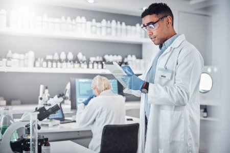 Scientist, tablet and research innovation in laboratory for medical analytics, science development or biotech neuroscience. Pharmaceutical data, doctor and pharmacy engineer working in clinic lab.