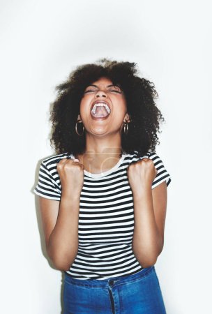Stress, scream or angry black woman in studio screaming with anxiety on white background mockup space. Burnout, shouting or frustrated Afro girl stressed with frustration, anger or problem in Kenya.