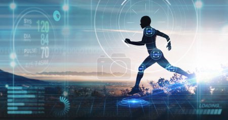 Hologram, athlete and running for wellness, exercise for healthy lifestyle and track heart rate. Male, futuristic and runner with digital sports, double exposure for marathon and fitness training
