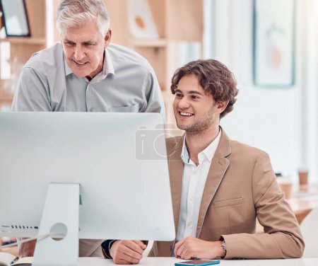 Photo for Senior businessman, computer and training employee in office for web design, infographics creativity and website collaboration. Teamwork, goal motivation and mentor coaching on pc planning strategy. - Royalty Free Image