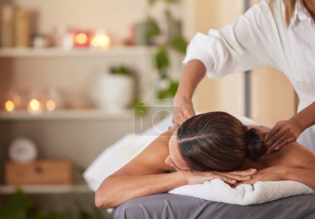 Photo for Massage, relax and peace with woman in spa for healing, health and zen treatment. Detox, skincare and beauty with hands of massage therapist on customer for calm, physical therapy or luxury in salon. - Royalty Free Image
