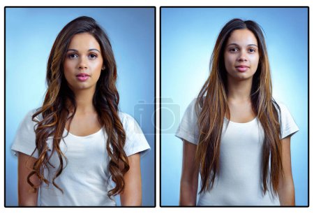 I gave my hair care routine a revamp. Before and after studio shot of a young woman with straightened and curly hair