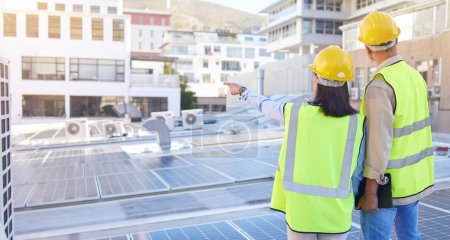 Engineer, back or woman with man, solar energy or sustainable power inspection. Technician, male or female for panels maintenance, eco friendly construction or agriculture for alternative electricity.