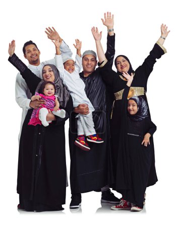 Photo for Theyre one big happy family. Studio portrait of an overjoyed multi generational muslim family isolated on white - Royalty Free Image