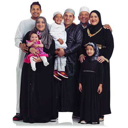 Photo for The perfect family portrait. Studio portrait of a multi generational muslim family isolated on white - Royalty Free Image