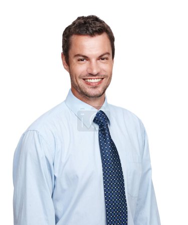 Confident in his business prowess. A handsome businessman in a shirt and tie smiling at you on a white background