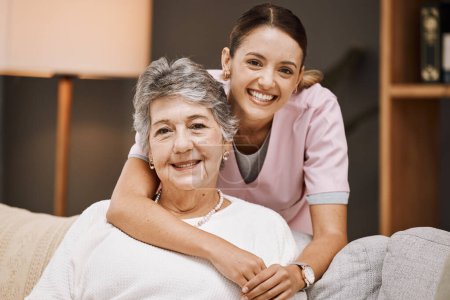 Photo for Support, portrait and nurse with a senior woman on a sofa in the living room of a nursing home. Healthcare, wellness and caregiver embracing an elderly female pensioner at retirement house or clinic - Royalty Free Image