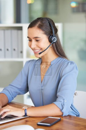 Téléchargez les photos : Telemarketing, call center and woman typing on laptop for technical support, crm consulting and help desk communication. Contact us, email and happy customer service worker with pc for online service. - en image libre de droit
