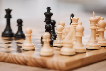 Photo for Chessboard, knight and king in house, home living room or apartment for mind strategy contest, checkmate vision or learning challenge. Zoom, board games competition and problem solving pawn on table. - Royalty Free Image