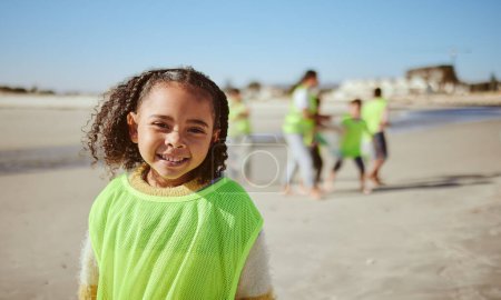 Photo pour Young girl, beach cleaning and environment portrait with climate change and recycling, volunteer vest and kid clean outdoor. Face, smile and youth with sustainability, waste with pollution and mockup. - image libre de droit