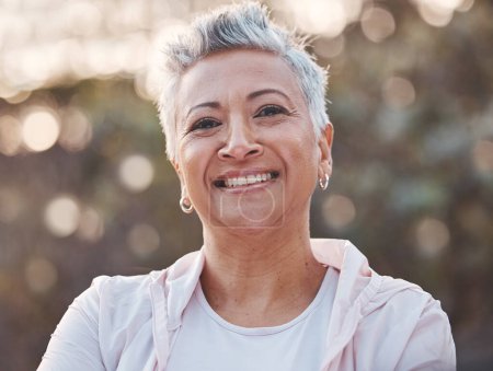 Photo for Nature, smile and happy senior woman outdoor for freedom, happiness and a healthy lifestyle with fitness and fresh air. Portrait of black female at park for peace, health and wellness in summer. - Royalty Free Image