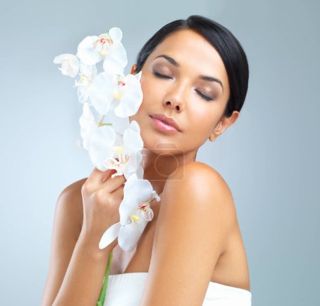 Photo for Soft as a flower. Cropped studio shot of an attractive woman holding a flower against her face - Royalty Free Image