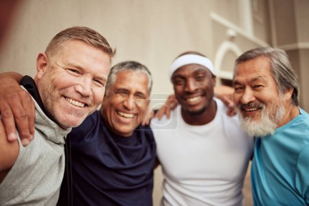 Senior men, fitness and smile portrait outdoor together for exercise motivation, retirement health support and diversity on training workout. Elderly athletes, happiness and sports friends wellness.