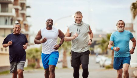 Fitness, running and teamwork with senior friends in city for stamina, cardio or endurance training. Sport, jogging and goal with group of men runner sprinting in town for workout, exercise or health.