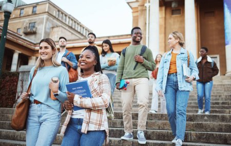 Photo for Diversity, students and walking on university steps, school stairs or college campus to morning class. Smile, happy people and bonding education friends in global scholarship opportunity or open day. - Royalty Free Image