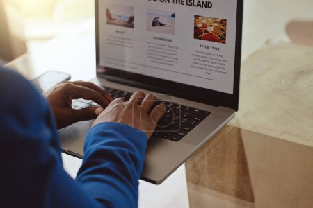 Laptop screen, travel website and hands of businessman typing information on vacation planning, marketing or online blog writing. Black man, ux web design for contact us, booking faq or about us page.