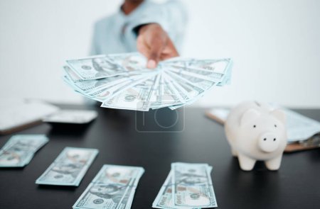 Photo for Hand, dollars and black woman with money for payment, financial investment or bribe in office. Currency, finance or business woman offering cash for banking, deal or savings, loan or money laundering. - Royalty Free Image