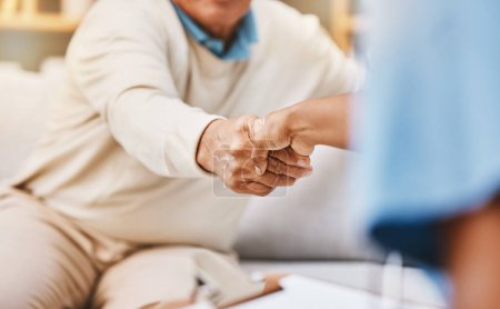 Welcome handshake, healthcare caregiver and senior medical insurance support, consultation greeting and nurse in nursing home. Thank you, doctor conversation or patient agreement in retirement clinic.