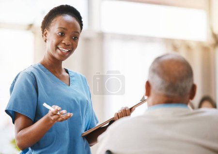 Consulting, medical and checklist with old man and nurse for retirement, rehabilitation or physical therapy. Help, empathy and healing with patient and black woman in nursing home for healthcare exam.