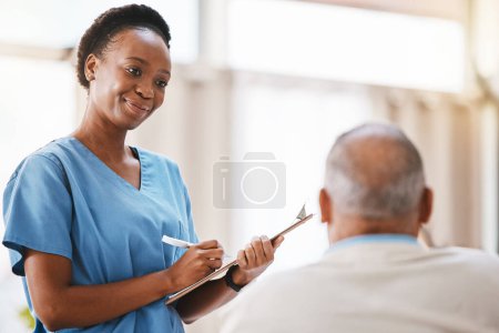 Téléchargez les photos : Consulting, medical and checklist with old man and nurse for retirement, rehabilitation or physical therapy. Help, empathy and healing with patient and black woman in nursing home for healthcare exam. - en image libre de droit
