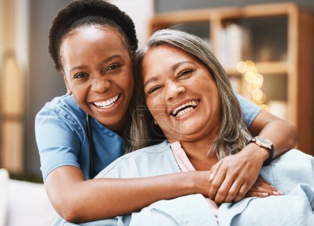 Senior care, hug and portrait of nurse with patient for medical help, healthcare or physiotherapy. Charity, volunteer caregiver and face of black woman at nursing home for disability rehabilitation.