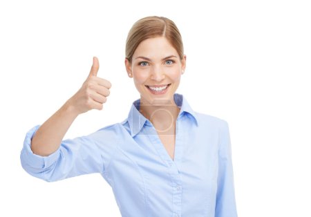 Photo for Business woman, happy portrait and thumbs up for winning, approval or thank you for support or service. Face of female with like hand emoji for deal, sale or discount isolated on white background. - Royalty Free Image