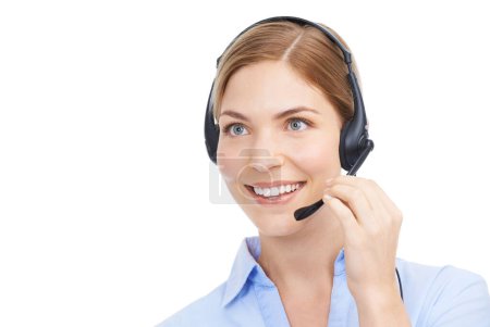 Photo for Face, customer service and woman at call center in studio isolated on white background mockup. Crm, thinking and smile of happy female telemarketing worker, consultant or sales agent from Canada - Royalty Free Image