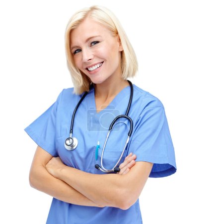 Téléchargez les photos : Woman, doctor and smile with arms crossed and stethoscope for healthcare against a white studio background. Portrait of a isolated female medical professional standing and smiling on white background. - en image libre de droit
