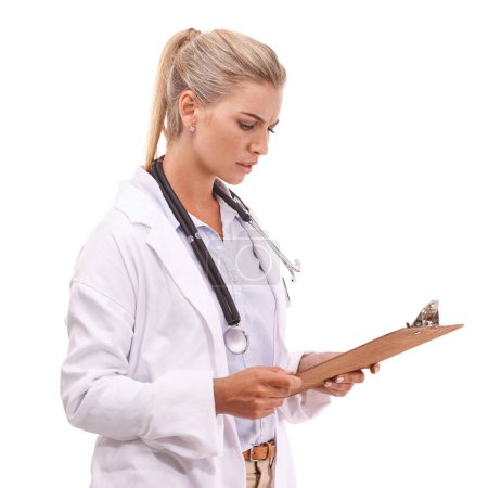 Worried healthcare doctor with clipboard on a white background reading lab results for hospital data. Confused medical worker or woman paperwork, documents or report for health exam on studio mockup.