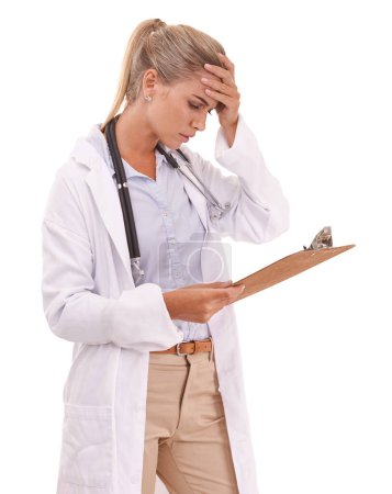 Stress, problem and doctor reading a report, healthcare chart or lab results on a studio background. Mistake, check and woman with medical charts anxiety, research and survey on a white background.