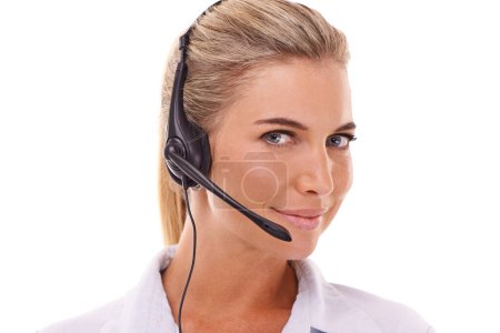 Photo for Customer support communication, face portrait and woman talk on contact us CRM, telemarketing or call center. Telecom microphone, customer service and consultant consulting on white background studio. - Royalty Free Image
