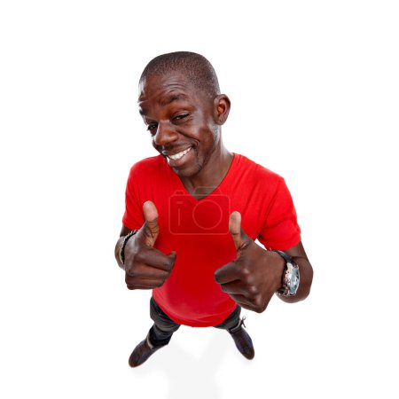 Thumbs up, black man and smile of a person showing yes, thank you and agreement hand sign. Isolated, white background and looking up model standing with winner and success hands gesture with mockup.