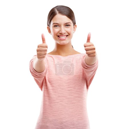 Téléchargez les photos : Woman, smile and thumbs up for winner, sale or discount against a white studio background. Portrait of isolated young female showing thumbsup for good job, thank you or finished on white background. - en image libre de droit