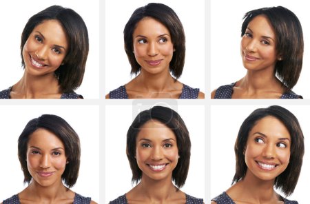 Happy black woman, headshot or collage on isolated white background for emoji or facial expression mosaic. Smile, face or model in composite montage for fun profile picture or business ID photography.