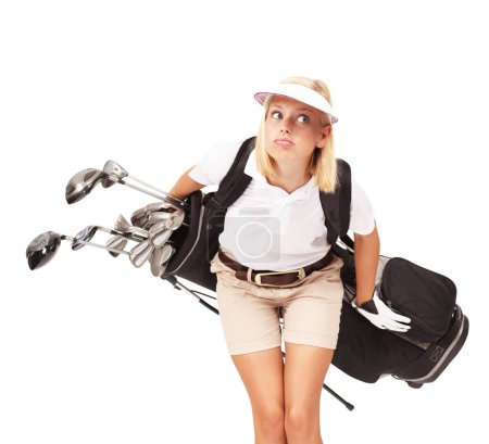 Photo for Sports, golf and woman in a studio with clubs for exercise, training or golfing motivation. Fitness, athlete and female golfer with a confused expression holding equipment by a white background - Royalty Free Image