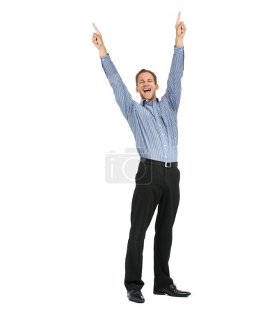 Photo for Businessman winner in portrait with success, cheers and achievement, arms in air against white background. Happy man, professional win and excited, corporate celebration with growth and bonus mockup. - Royalty Free Image