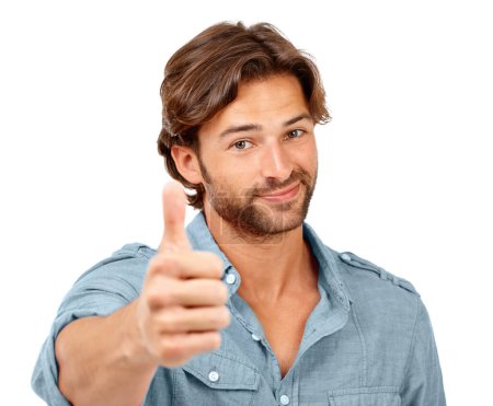 Portrait, man and thumbs up with success and hand sign, yes and thank you with feedback against white background. Happy man with agreement, OK with motivation for winner and support vote.