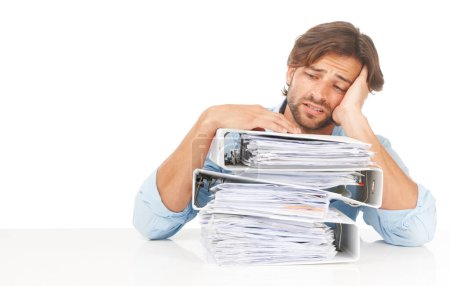Téléchargez les photos : Business document, stress and work headache of a man worker with compliance anxiety about audit. Businessman burnout, tax documents and depressed finance analyst with mental health issue from job. - en image libre de droit