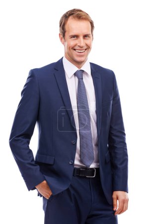 Foto de Leadership, management and portrait of businessman with smile in suit with confident smile isolated on white background. Business, happiness and corporate startup ceo with hand in pocket in studio - Imagen libre de derechos