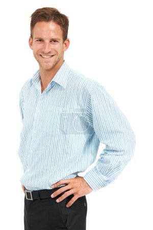 Photo for Portrait, happy businessman and smile on studio background, leadership and trust in Australia. Male model, corporate manager and professional worker on white background for career management success. - Royalty Free Image
