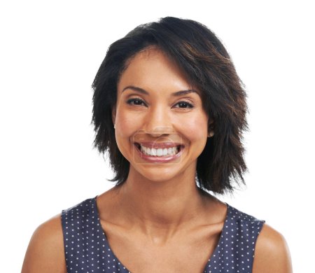 Foto de Beauty, smile and portrait of black woman on a white background for cosmetics and healthy skin. Natural lifestyle, happiness and face headshot of girl with big smile, confidence and carefree. - Imagen libre de derechos