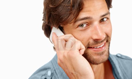 Photo pour Phone call, communication and face portrait of man talking, speaking or studio chat to digital mobile contact. Smartphone user, conversation discussion and happy model networking on white background. - image libre de droit