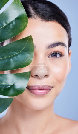 Photo for Studio portrait of a beautiful mixed race woman posing with an exotic leaf. Young hispanic using a organic skincare treatment against a blue copyspace background. - Royalty Free Image