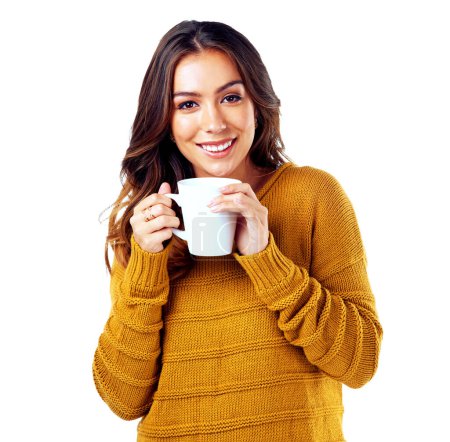 Foto de Woman, portrait and drinking coffee on isolated white background, marketing space or advertising mock up. Smile, happy and relax model with tea cup for cafe, coffee shop or restaurant promotion ideas. - Imagen libre de derechos