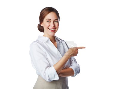 Banner, mock up and business woman pointing finger isolated against a studio white background. Happy, confident face and smiling corporate employee showing copyspace gesture for a promo deal.