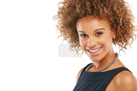 Foto de Portrait, beauty and mockup with a model black woman in studio isolated on a white background for a product logo. Face, branding and advertising with an attractive young female posing for marketing. - Imagen libre de derechos