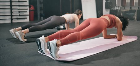 Gym floor, health and training woman doing plank exercise, performance workout or core muscle building for body self care. Ground, commitment and wellness for team, people or friends in fitness class.