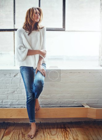Photo for Thinking, fashion and window with a woman, barefoot in her home, standing next to mockup or flare. Motivation, idea and relax with an attractive young female leaning against a wall in her house. - Royalty Free Image