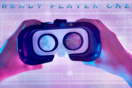 Photo for 3d, virtual reality headset and hands of man ready to explore cyber world. Binary metaverse, futuristic neon or pov of male player holding technology for vr exploration and gaming glasses for esports. - Royalty Free Image