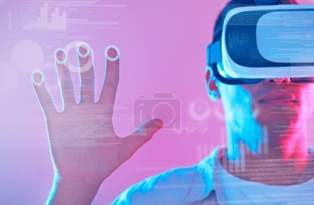Photo for Hand, 3d futuristic and man in virtual reality exploring a cyber world. Digital transformation, metaverse and male touching ux button, data overlay or vr, graphics or software app on neon background - Royalty Free Image